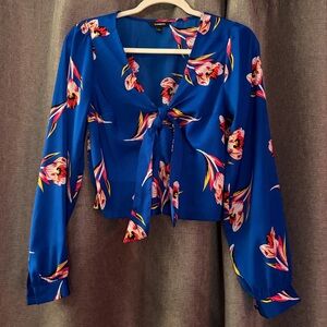 Express Royal Blue Floral Tie-Neck Blouse